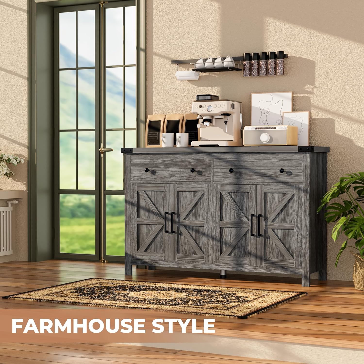 55" Sideboard Buffet Cabinet with Storage, Coffee Bar Cabinet with 2 Drawers and 4 Barn Doors, Long Storage Cabinet Modern Farmhouse, Grey Wood, for Kitchen, Dining Room, Living Room
