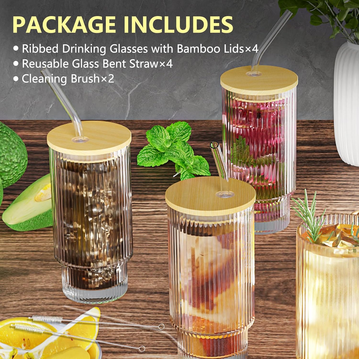 16OZ Ribbed Glass Cups with Lids and Straws 4 Set, Vintage Glassware for Whiskey Cocktail Beer, Iced Coffee Cups with Lid, Glass Tumbler with Straw and Lid (4 PACK)