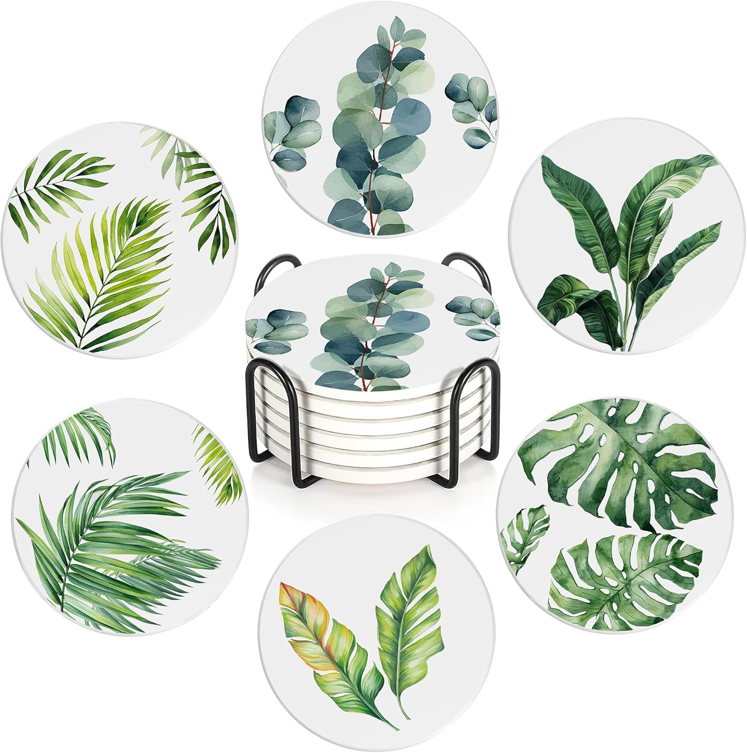 6 Pcs Coasters for Drinks with Holder, Green Leaves Absorbent Ceramic Coasters with Cork Base,Cute Funny Table Drinks Coasters Tabletop Protection Mat,Table Home Decor,4 Inches