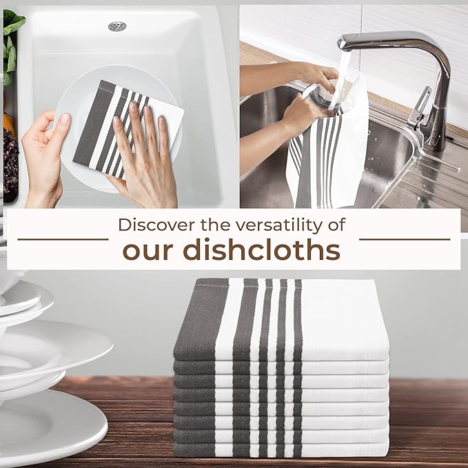 Urban Villa Cotton Dish Cloth Set of 8, Highly Absorbent Super Soft Quick Drying 12x12 Inch Dish Cloths for Kitchen Cleaning & Drying Dishes Mitered Corner Trendy Stripes Kitchen Towels - Grey/White