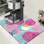 Pink Blue Chrysanthemum Flowers Dish Drying Mat for Kitchen Counter Coffee Bar Mat Hide Stain Absorbent Rubber Backed Drying Rack Pad Espresso Machine Coffee Bar Accessories 15.7 x 23.6 Inch