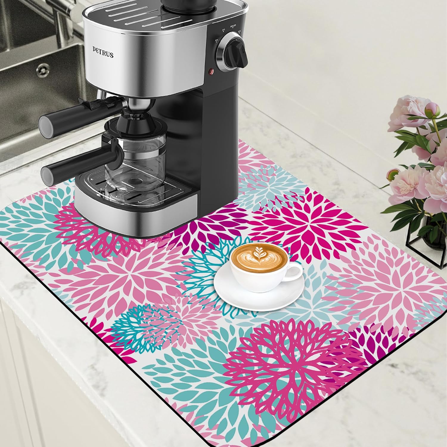 Pink Blue Chrysanthemum Flowers Dish Drying Mat for Kitchen Counter Coffee Bar Mat Hide Stain Absorbent Rubber Backed Drying Rack Pad Espresso Machine Coffee Bar Accessories 15.7 x 23.6 Inch