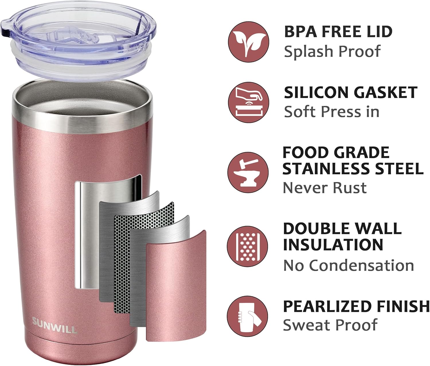 SUNWILL Travel Coffee Tumbler 20 oz, Insulated Mug with Lid, Stainless Steel Cup for Hot and Cold Drinks, Rose Gold