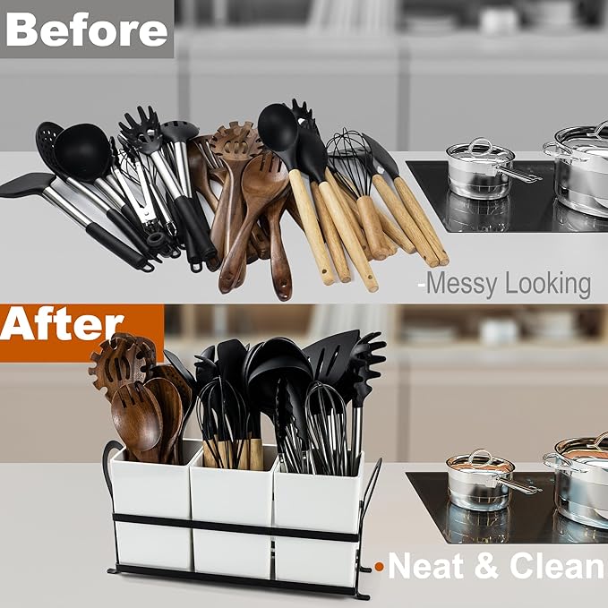 Large Kitchen Utensil Holder, Drainage Utensil Caddy for Countertop, 3pcs Bins Set Cooking Utensil Organizer for Spoons, Spatulas, White