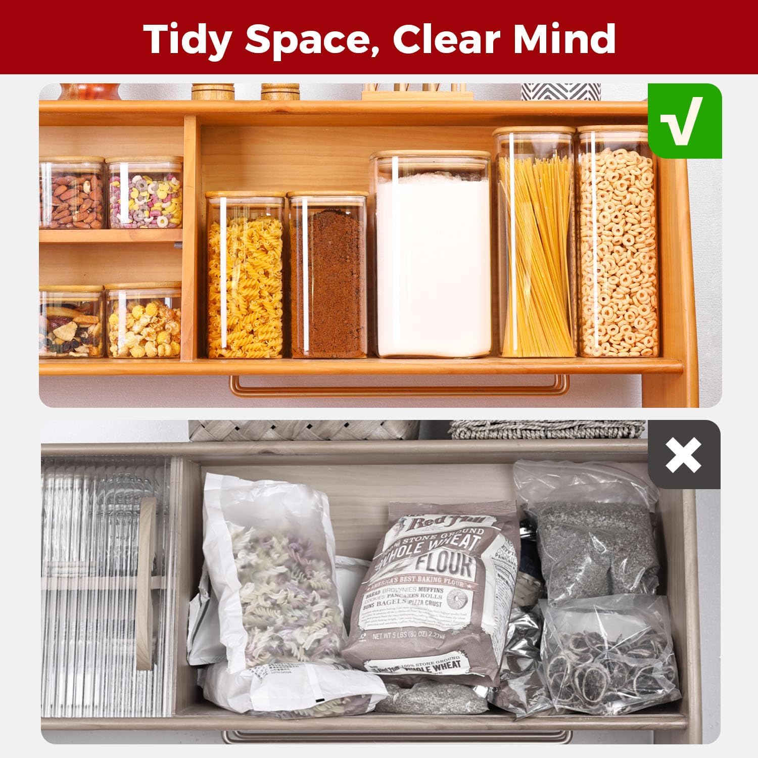 Glass Flour and Sugar Containers, Square Glass Containers with Bamboo Lids, Gallon Jars with Bamboo Lids for Cookies, Coffee Beans （2 pack 1.6/4.6 qt）