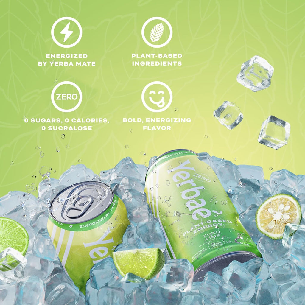 Yerbaé Energy Beverage Yuzu Lime - Lemon Lime Flavor. Energized by Yerba Mate. Naturally Caffeinated Plant-Based, Healthy Alternative to Coffee/Sugary Sodas Pack of 12, 16oz cans