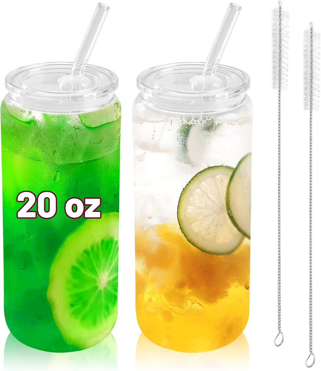 Joyclub 20 oz Glass Cups with Acrylic Lids and Straws 2pcs Can Shaped Glass Iced Coffee Cups with Lids, Drinking Jar Glasses Cute Tumbler Cup Great for Smoothie Soda Boba Tea Cocktail Beer Gift