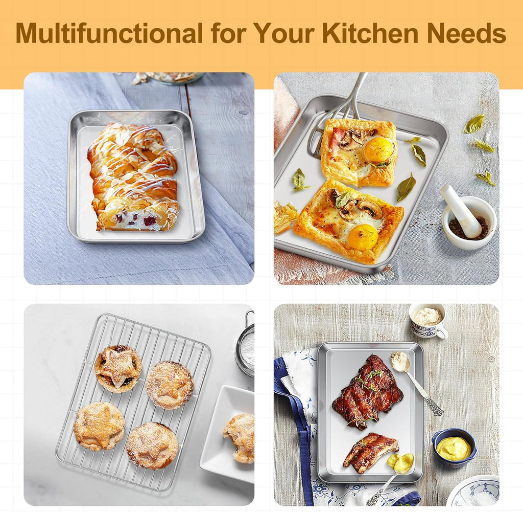 TeamFar Toaster Oven Tray and Rack Set, 9.3’’ x 7’’ x 1’’, Stainless Steel Toaster Oven Pan Broiler Pan, Non Toxic & Healthy, Easy Clean & Dishwasher Safe