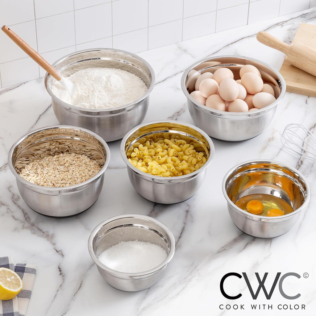 COOK WITH COLOR Stainless Steel Mixing Bowls Set with Lids - Nesting Bowls with Non-Slip Bottom, Black, 12 Pieces