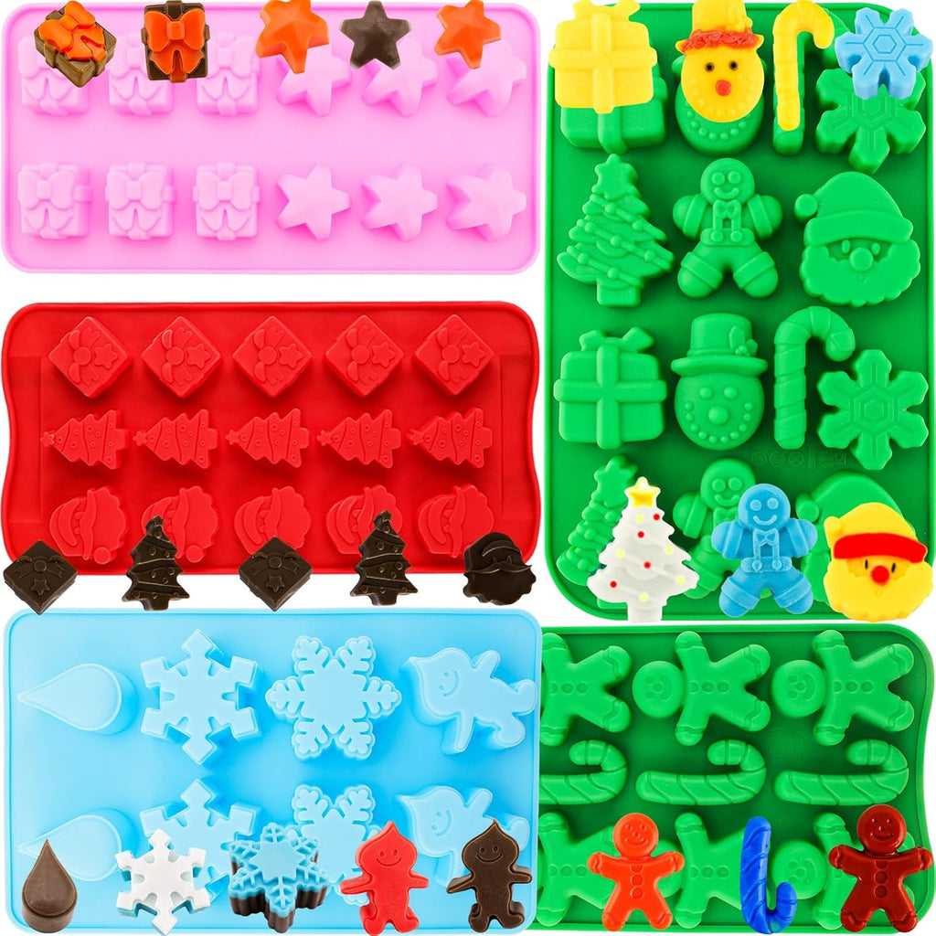 Christmas Silicone Chocolate Molds 5PCS Christmas Trees Snowflake Socks Bells Gingerbread Man Santa Shape Baking Molds for Chocolate Jelly Soap Fondant Candy Candles Pastry Gummies Cake Decorating