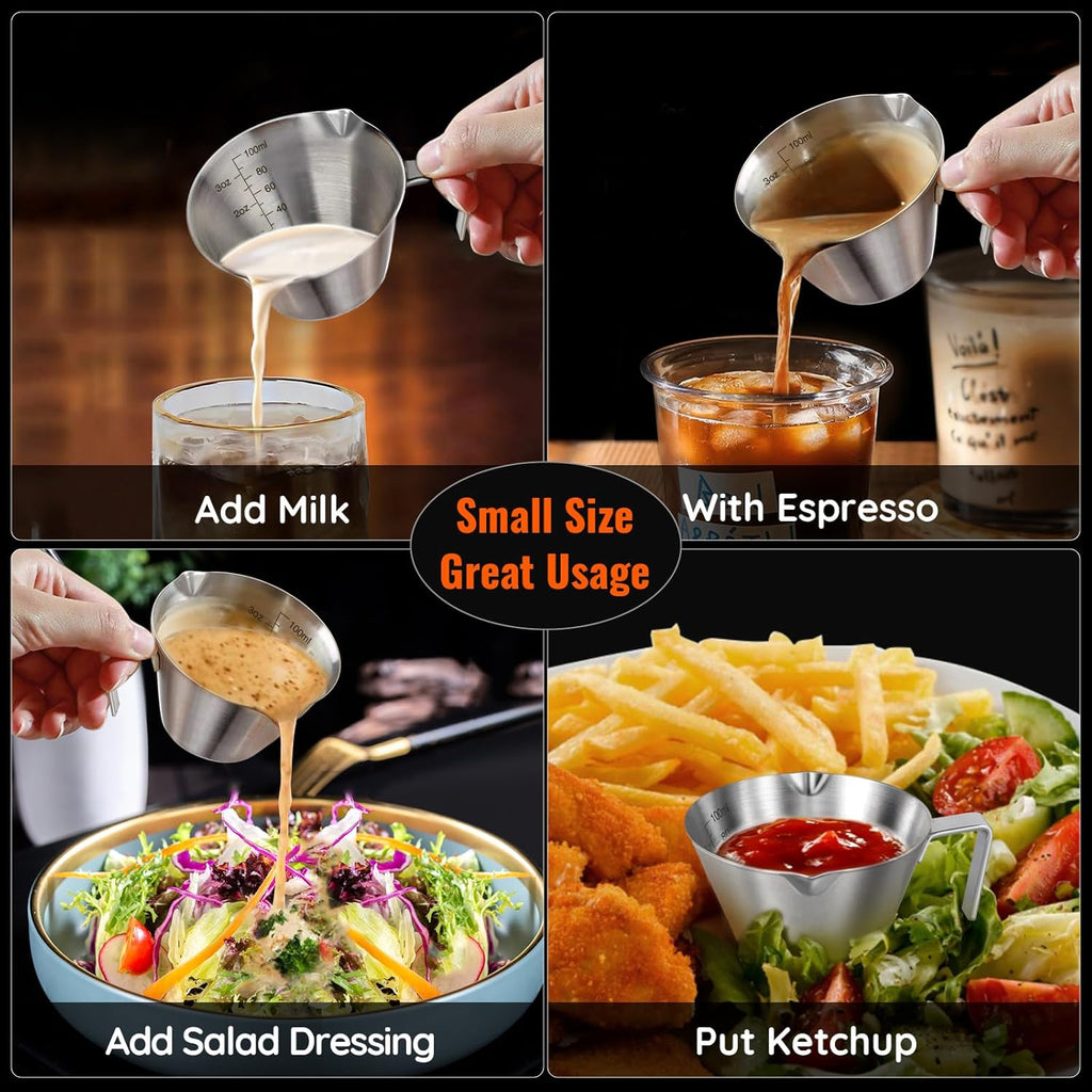 YARRAMATE 2 Pcs Espresso Cups with Handle, Stainless Steel Espresso Accessories, Double Spout Metal Measuring Cup with Dual Scale, Espresso Shot cup with V-Shaped Mouth, 3.4OZ/100ML(Silver)