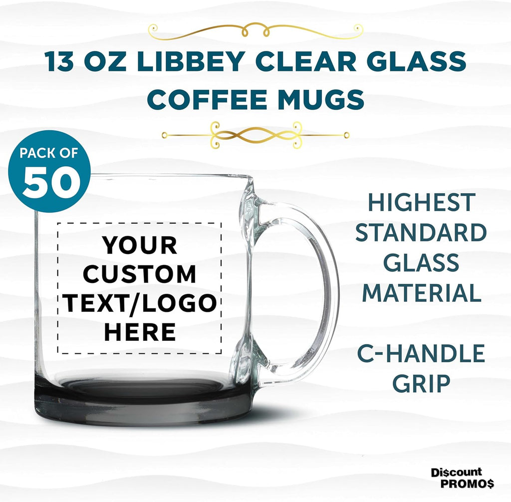 Custom Libbey Clear Glass Coffee Mugs 13 oz. Set of 50, Personalized Bulk Pack - Perfect for Coffee, Tea, Espresso, Hot Cocoa, Other Beverages - Black Bottom