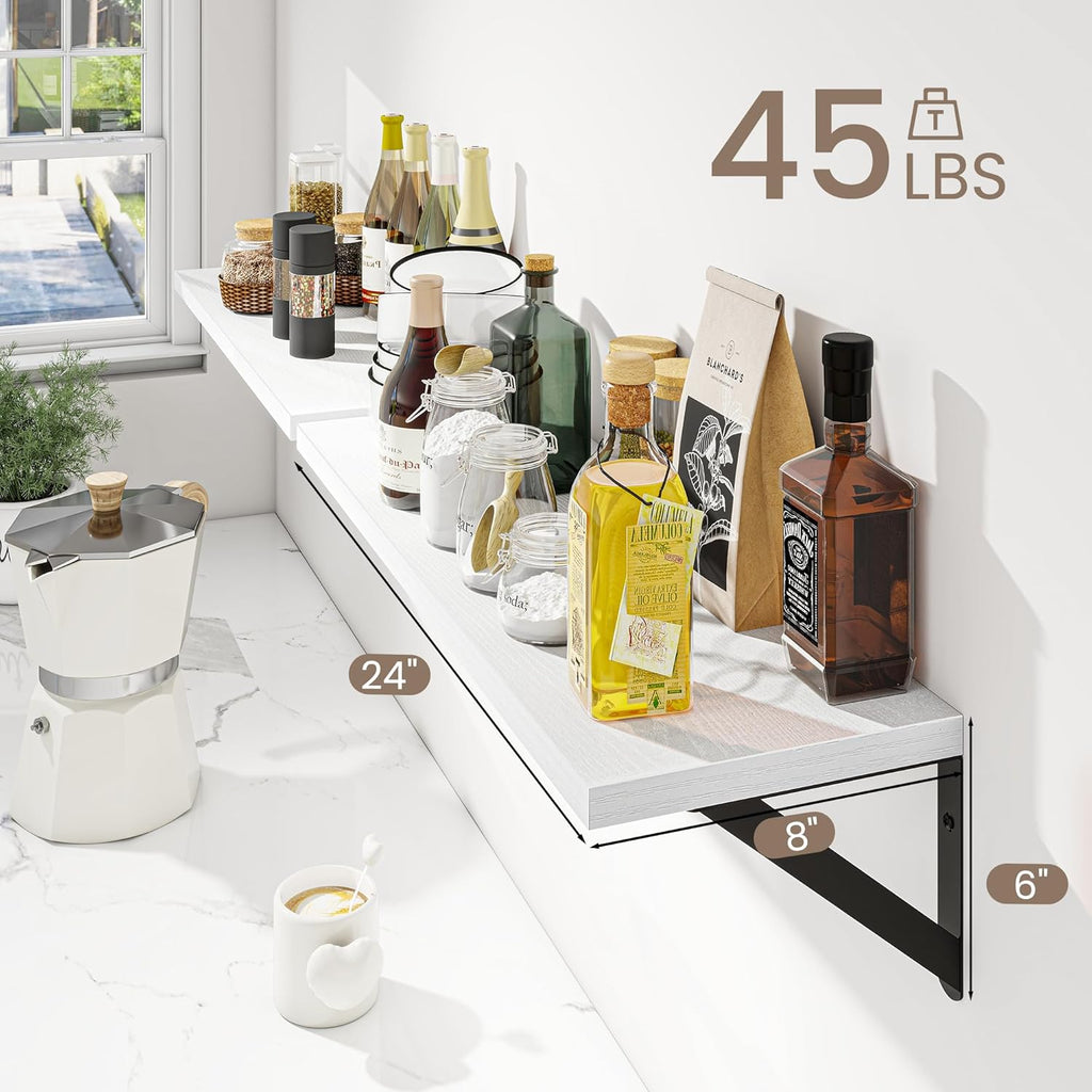 Dreamland Wall Shelves Long, 24W x 8D Wall Mounted Shelves Set of 2, Wide Display Ledge Shelf with Sturdy Metal Brackets for Living Room, Bathroom, Bedroom and Kitchen, White