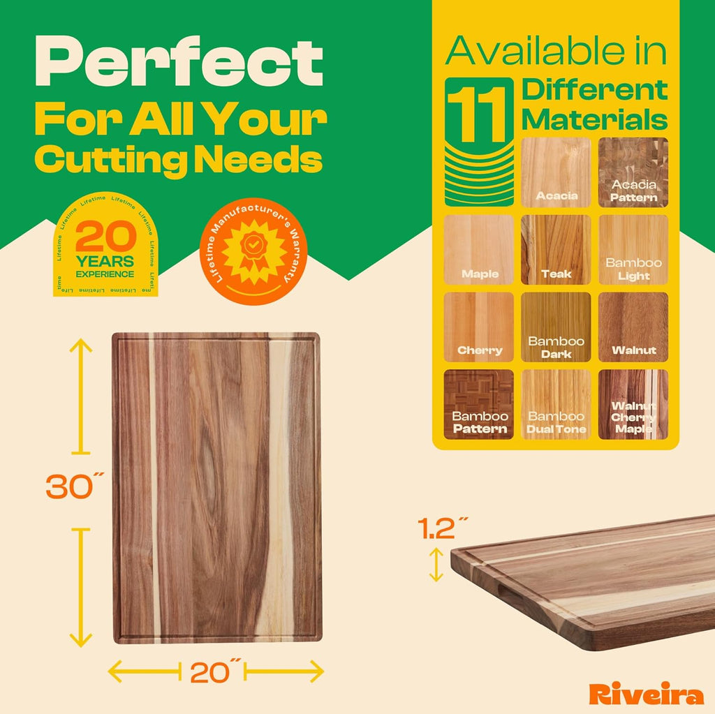 Riveira Acacia Wood Cutting Board – Gourmet Acacia Grandeur: 20 x 30 Wooden Cutting Board – Natural Wooden Cutting Boards For Kitchen Decorative – Innovative Juice Grooves Acacia Wooden Chopping Board