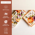 Maison d' Hermine 100% Cotton Oven Mitt & Pot Holder Set (7.5"x13" & 8"x8") Heat Resistant BBQ Cooking Gloves with Loop, Baking, Grilling, Kitchen, Handling Hot Pans (Pumpkin Garden - Cloudy Cream)