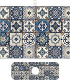 2Pcs Dish Drying Mats Faucet Mats Sets Large Size Coffee Mats Sink Faucet Mat Splash Guard for Kitchen Counter Bathroom Sink Coffee Bar Kitchen Decor (Blue Boho, 18"x24" 15" x 5.5"Set)
