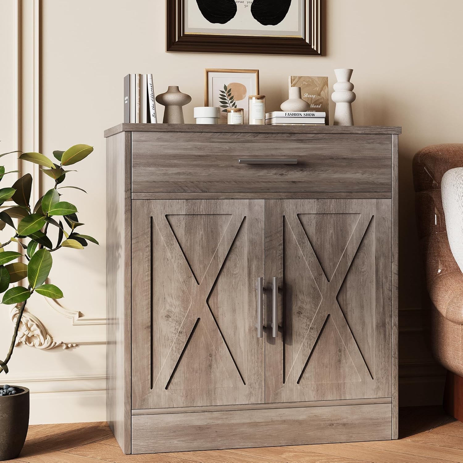 Vongrasig Sideboard Buffet with Storage, Modern Kitchen Storage Cabinet with 1 Drawer and 2 Doors, Wood Coffee Bar Buffet Table for Kitchen, Dining Room, Ash Grey