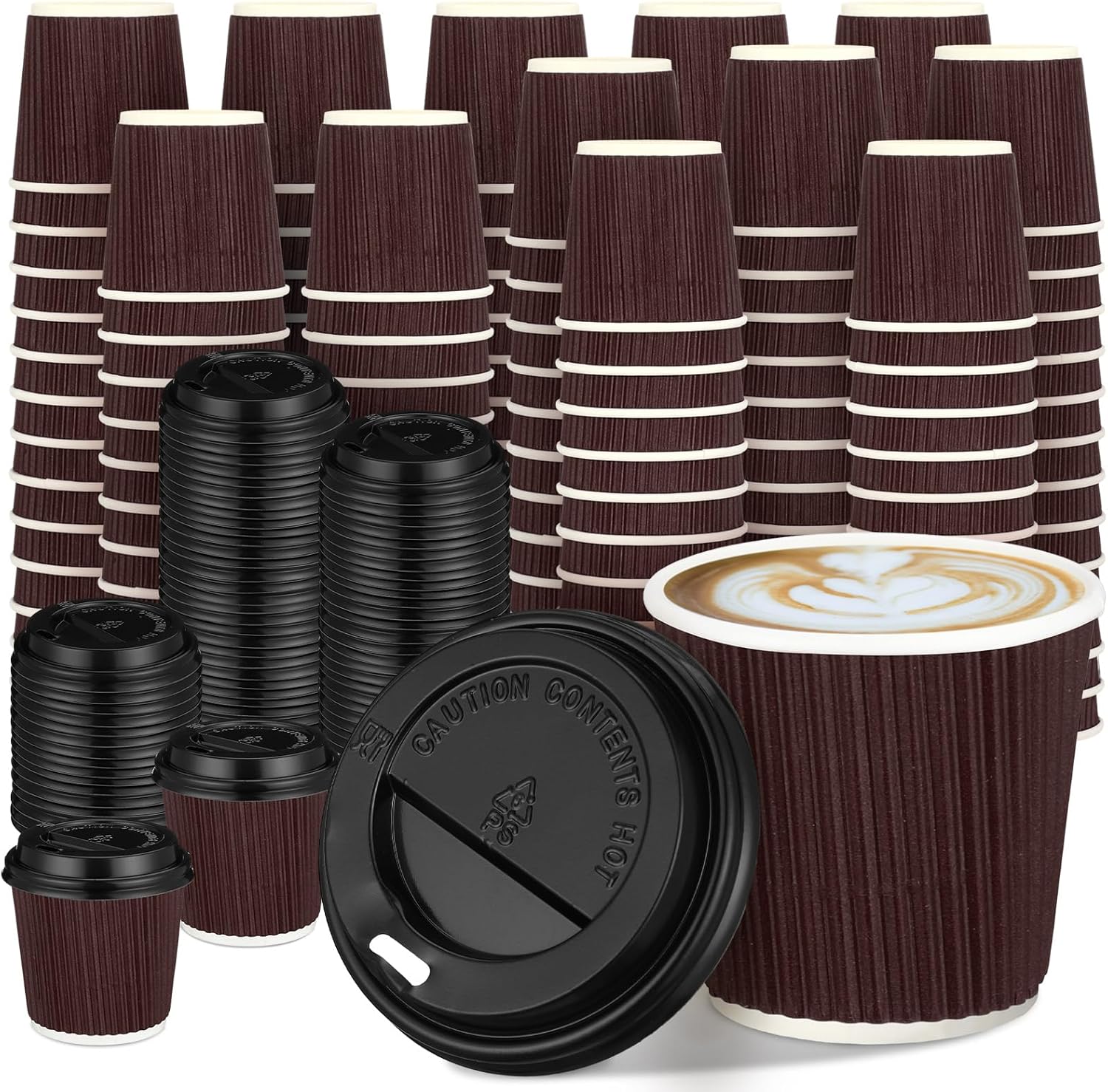 Uiifan 100 Set 4oz Disposable Espresso Cups with Lids Ripple Corrugated Paper Disposable Coffee Insulated Hot Ripple Cups for hot Chocolate, Tea, and Cocoa Drinks (Coffee Color)