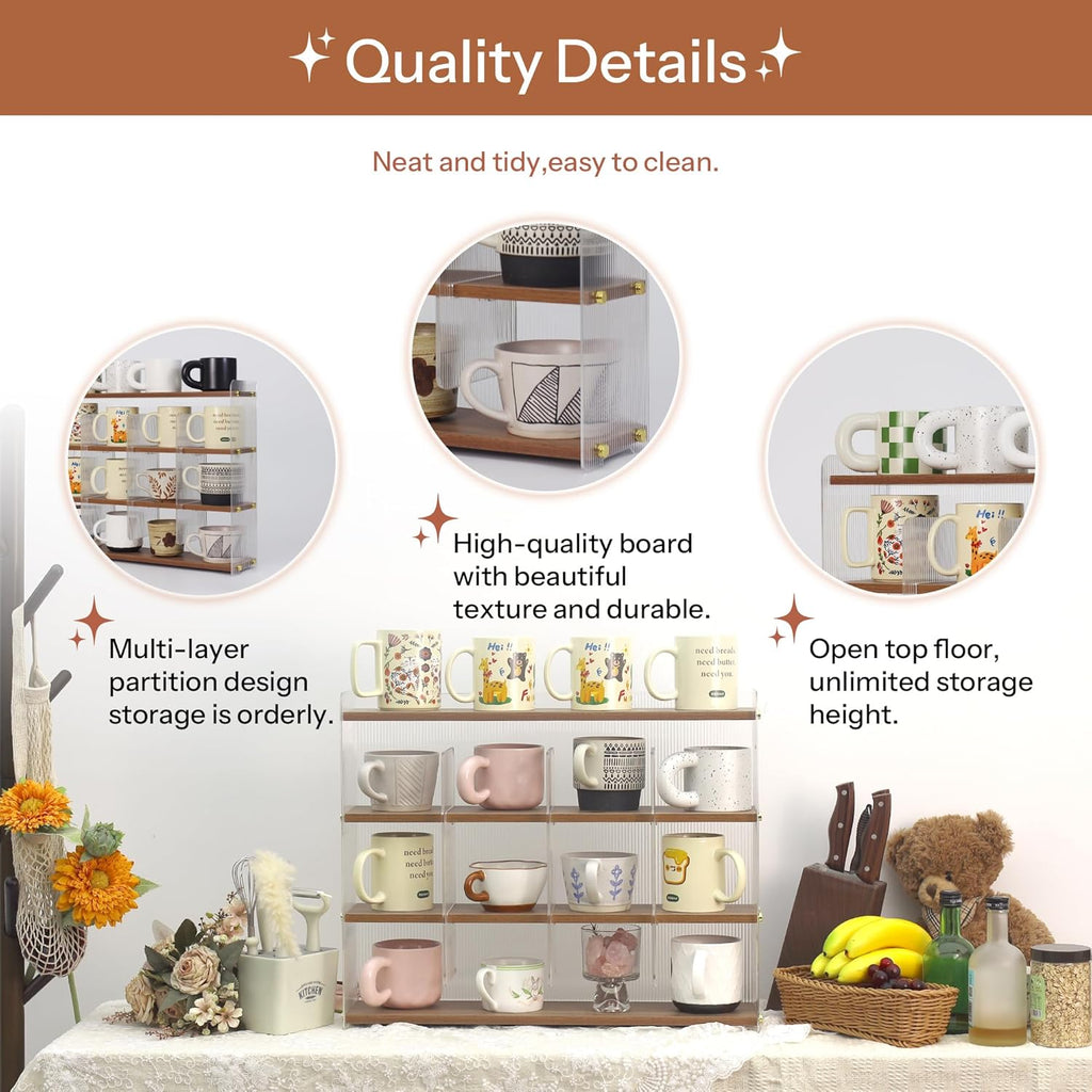 Coffee Mug Holder Wooden Cup Station Organizer 4-Tier Cup Holder for Coffee Bar Mug Display Rack for Countertop Mug Holder Shelf for Home Kitchen Nut Brown