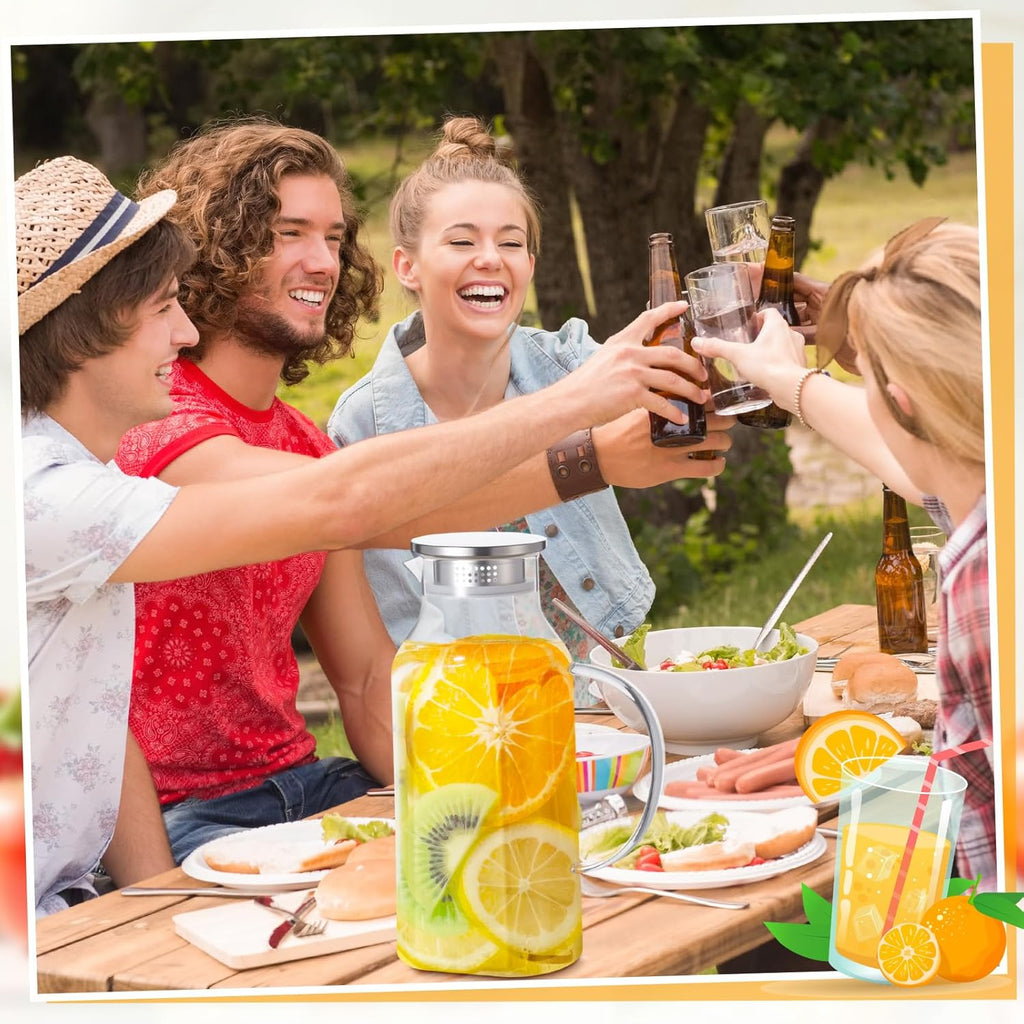 Honeydak 2 Pack 2.5 L/ 85 oz Glass Pitchers with Lids and Handles for Fridge Clear Iced Tea Pitchers with Spout Borosilicate Carafe Jars Large Jugs for Hot Cold Drink Tea Coffee Juice Beverage