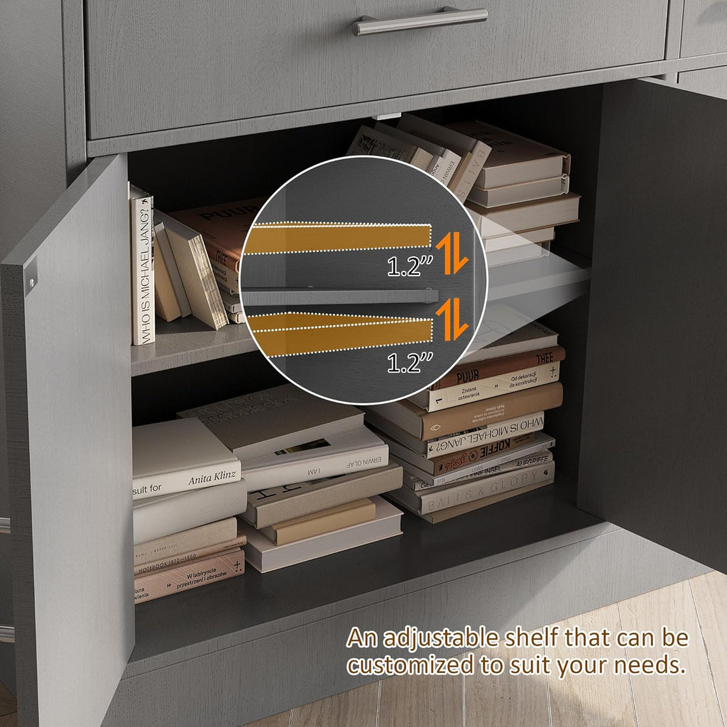 Vongrasig 43” Sideboard Buffet Cabinet with Storage, Farmhouse Coffee Bar with Drawers and Shelves, Wood Buffet Table for Kitchen Dining Room, Living Room, Grey