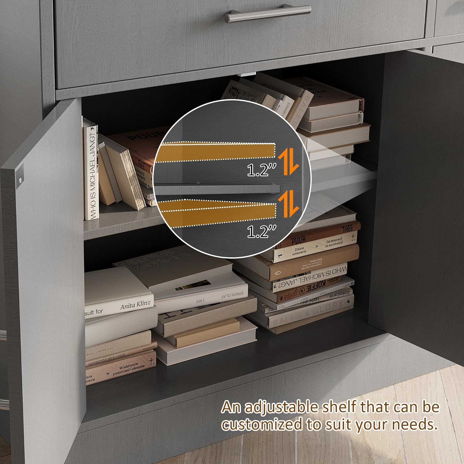 Vongrasig 43” Sideboard Buffet Cabinet with Storage, Farmhouse Coffee Bar with Drawers and Shelves, Wood Buffet Table for Kitchen Dining Room, Living Room, Grey