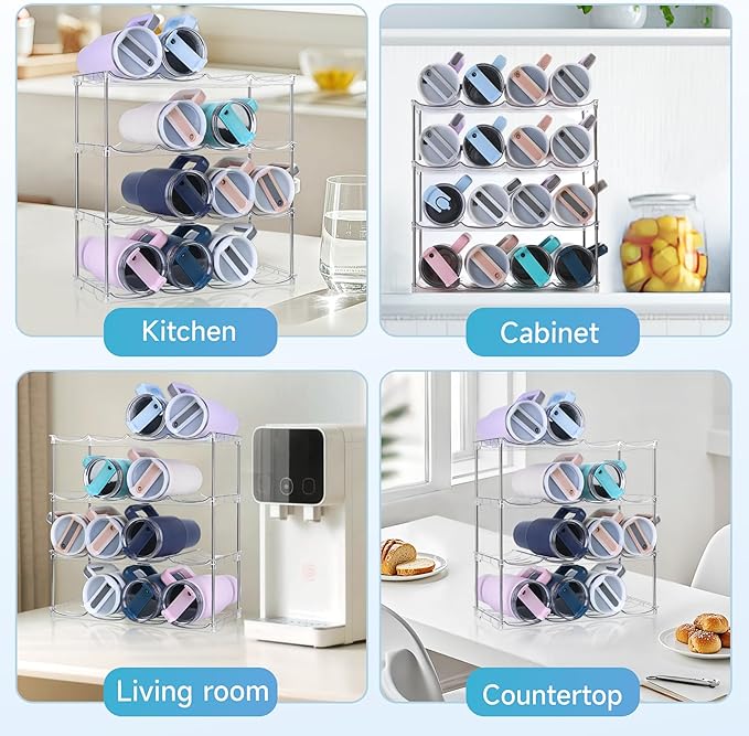 Larger Water Bottle Organizer for Stanley 40 oz Tumbler, Stackable Water Bottle Holder Rack for Cabinet, Kitchen Storage Organizer for for Stanley Cup Accessories, Tumbler Storage Holder，4 Pack