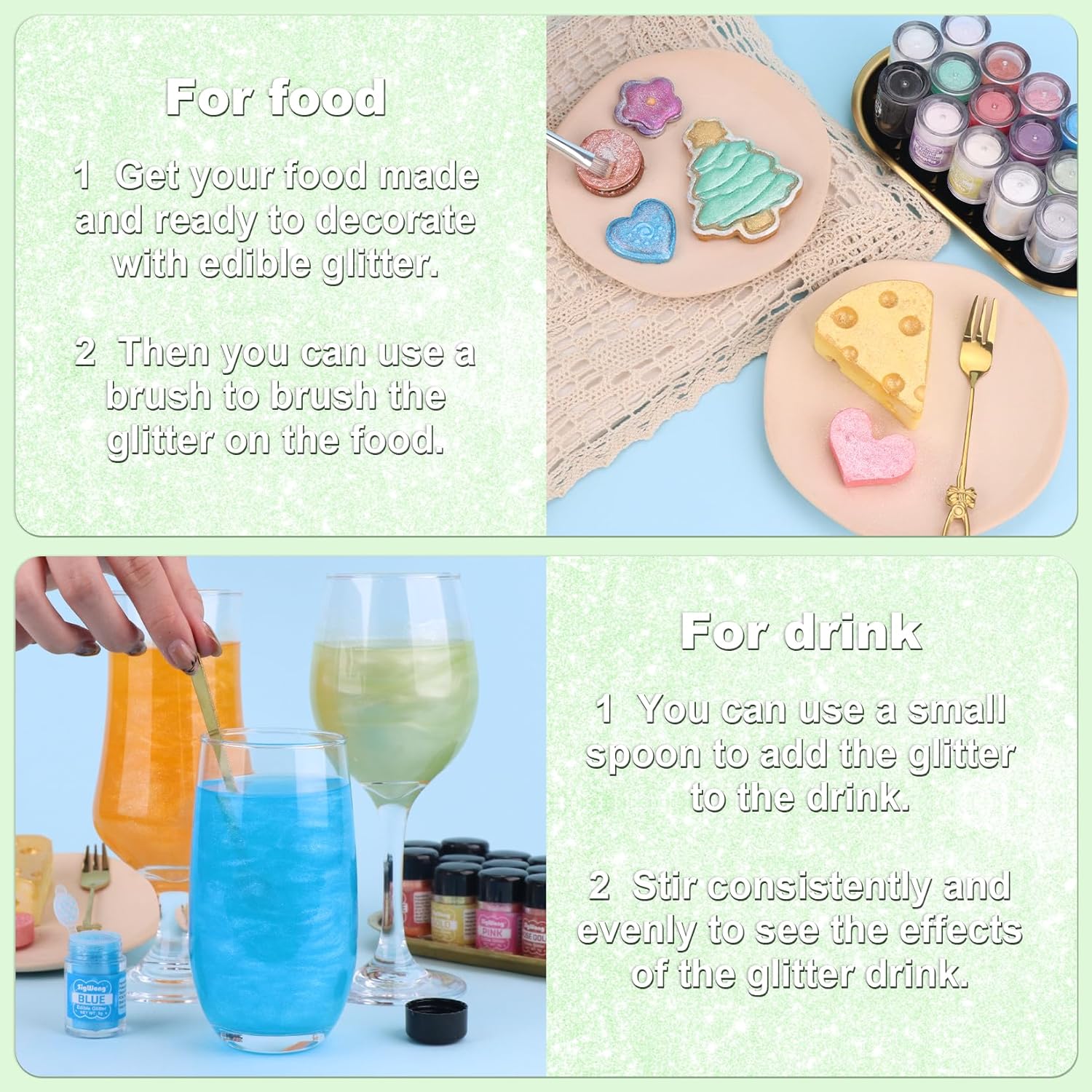 Iridescent Green Edible Glitter - 5g Food Grade Cake Decorating Shimmering Glitter, Edible Sprinkle Luster Dust for Drinks, Chocolates, Fondant, Strawberries, Cupcakes, Candy, Cookie - Vegan