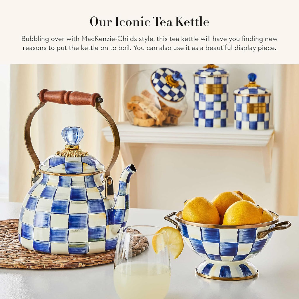 MACKENZIE-CHILDS Enamel Tea Kettle, Stylish Tea Kettle for Stovetop, Blue-and-White Royal Check, 2 Quarts