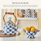 MACKENZIE-CHILDS Enamel Tea Kettle, Stylish Tea Kettle for Stovetop, Blue-and-White Royal Check, 2 Quarts