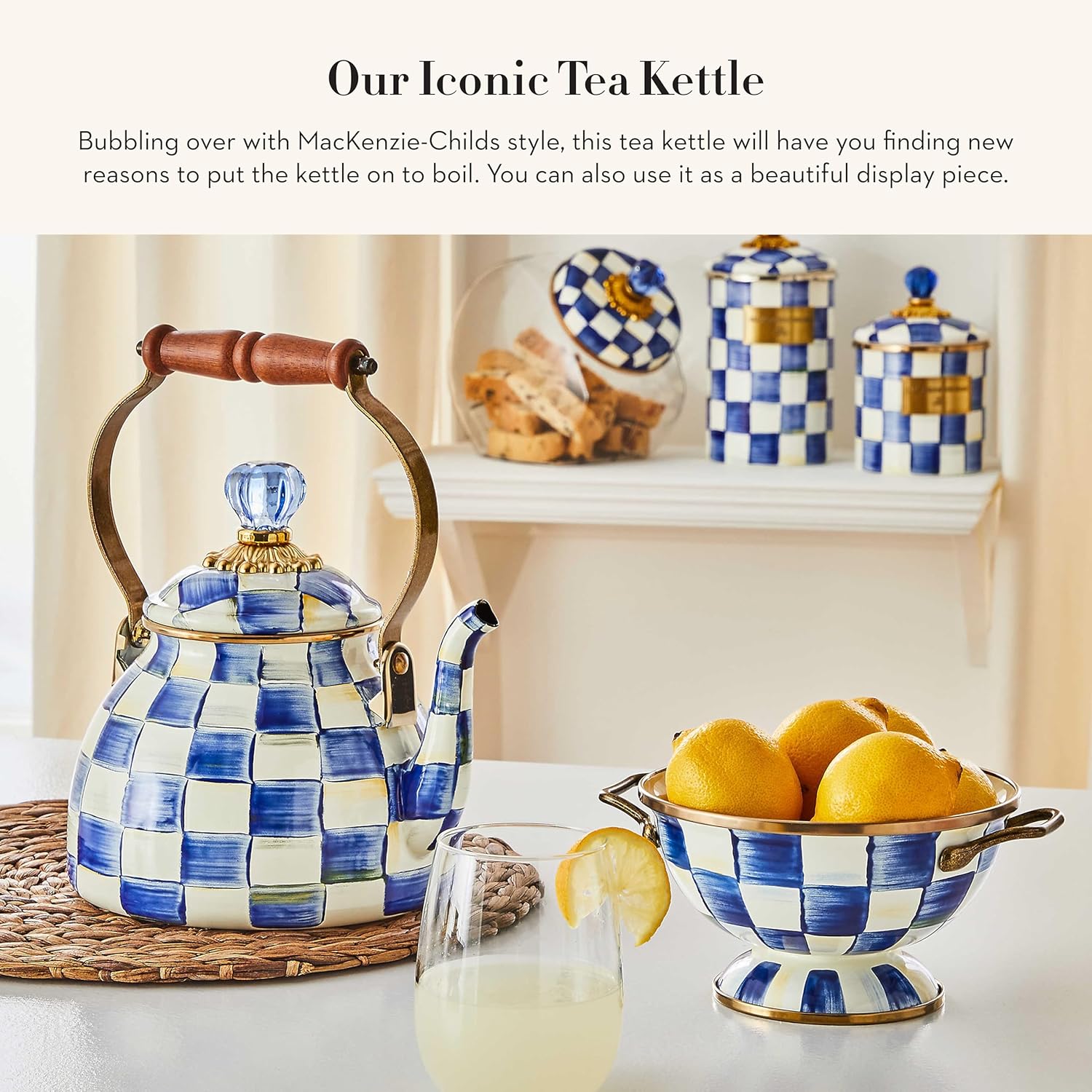 MACKENZIE-CHILDS Enamel Tea Kettle, Stylish Tea Kettle for Stovetop, Blue-and-White Royal Check, 2 Quarts