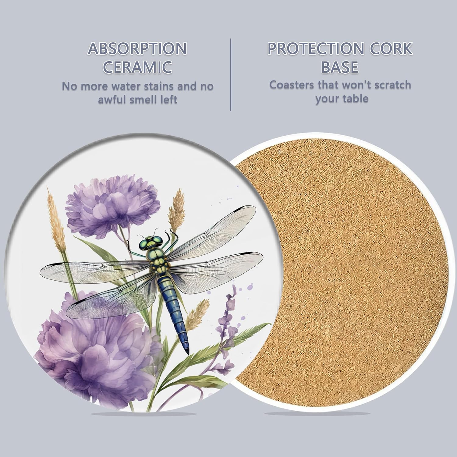 Coaster for Drinks Set of 6, Dragonfly Flower Absorbing Round Ceramic Stone Coaster with Cork Base,Tabletop Protection Mat for Mugs and Cups,Coffee Table Wine Glass Home Bar 4 Inch