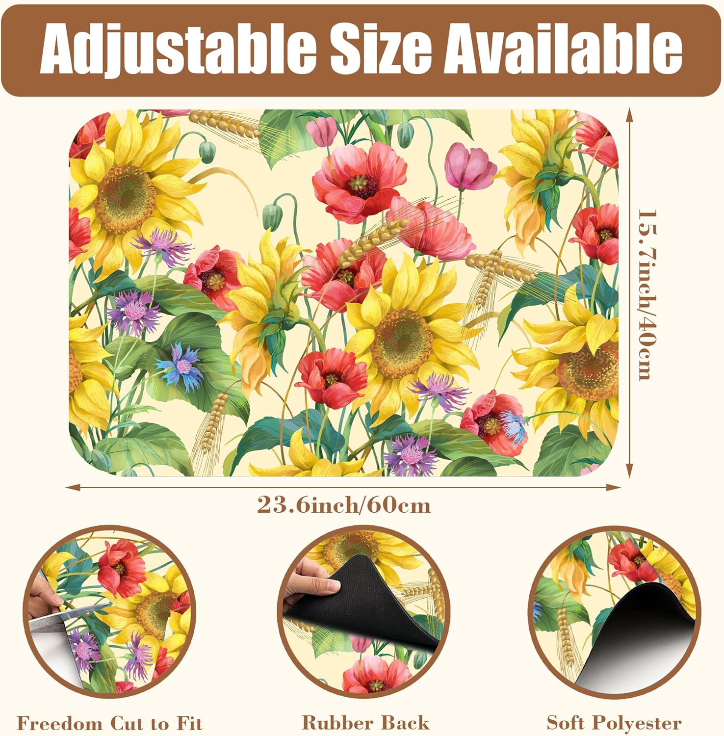 Yellow Sunflower Cornflower Coffee Mat Absorbent Dish Drying Mat for Kitchen Counter Hide Stain Rubber Backed Coffee Bar Accessories Fit Under Espresso Machine 15.7 x 23.6 Inch