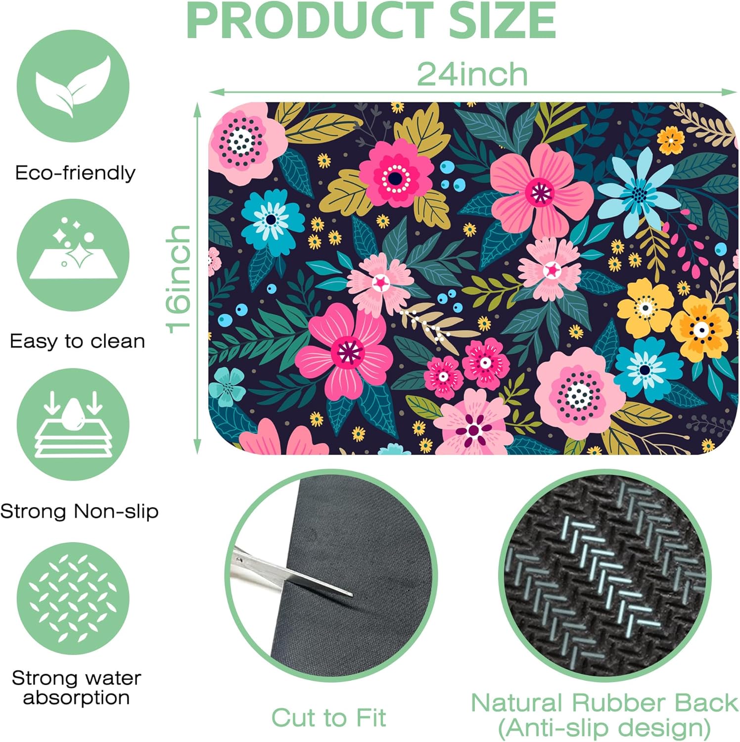 Dish Drying Mat Bright Colorful Flowers Leaves Coffee Mat,16"X24" Bsorbent Dish Drying Pad for Sink Dishes or Under Rack Kitchen Counter Accessories Absorbent Hide Backed Drying Mat