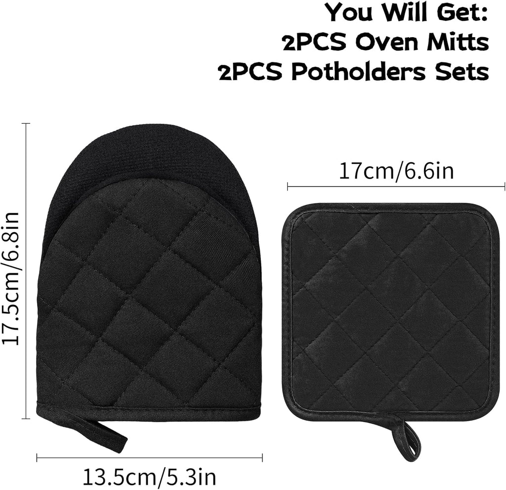 Oven Mitts and Pot Holders Set, Pack of 4, Heat Resistant Silicone Kitchen Mini Oven Mittens for 500 Degrees, Mini Oven Gloves and Hot Pads for Baking Grilling Barbecue Microwave Machine Washable