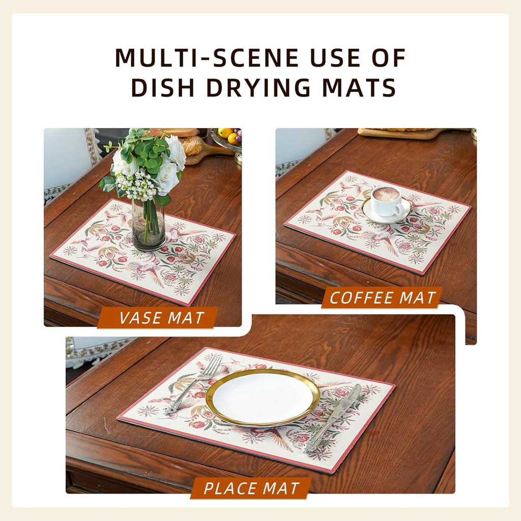 Dish Drying Mat Coffee Mat Rubber Backed Soft Silicone Dish Drying Mat for Kitchen Counter or Sink for Kitchen Bathroom Coffee Bar (Birds and Flowers, 16 x 24 Inches)