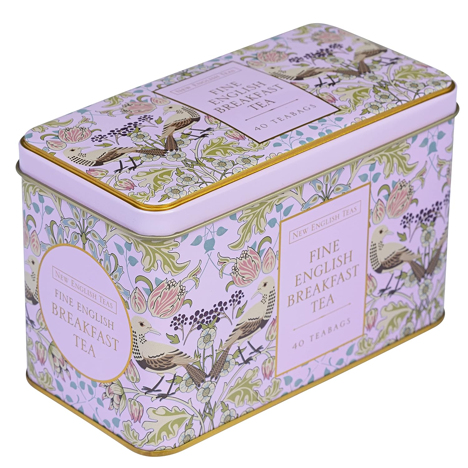 New English Teas Song Thrush and Berries Tea Tin in Pink with 40 English Breakfast Teabags