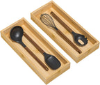 Bamboo Kitchen Drawer Organizer, Stackable Utensil Holder Silverware Organizer Cutlery Tray - 2PCS Organizer Bins for Makeup Jewelries Flatware in Bathroom, Office Desk, Cabinets, 15x6x2 inch