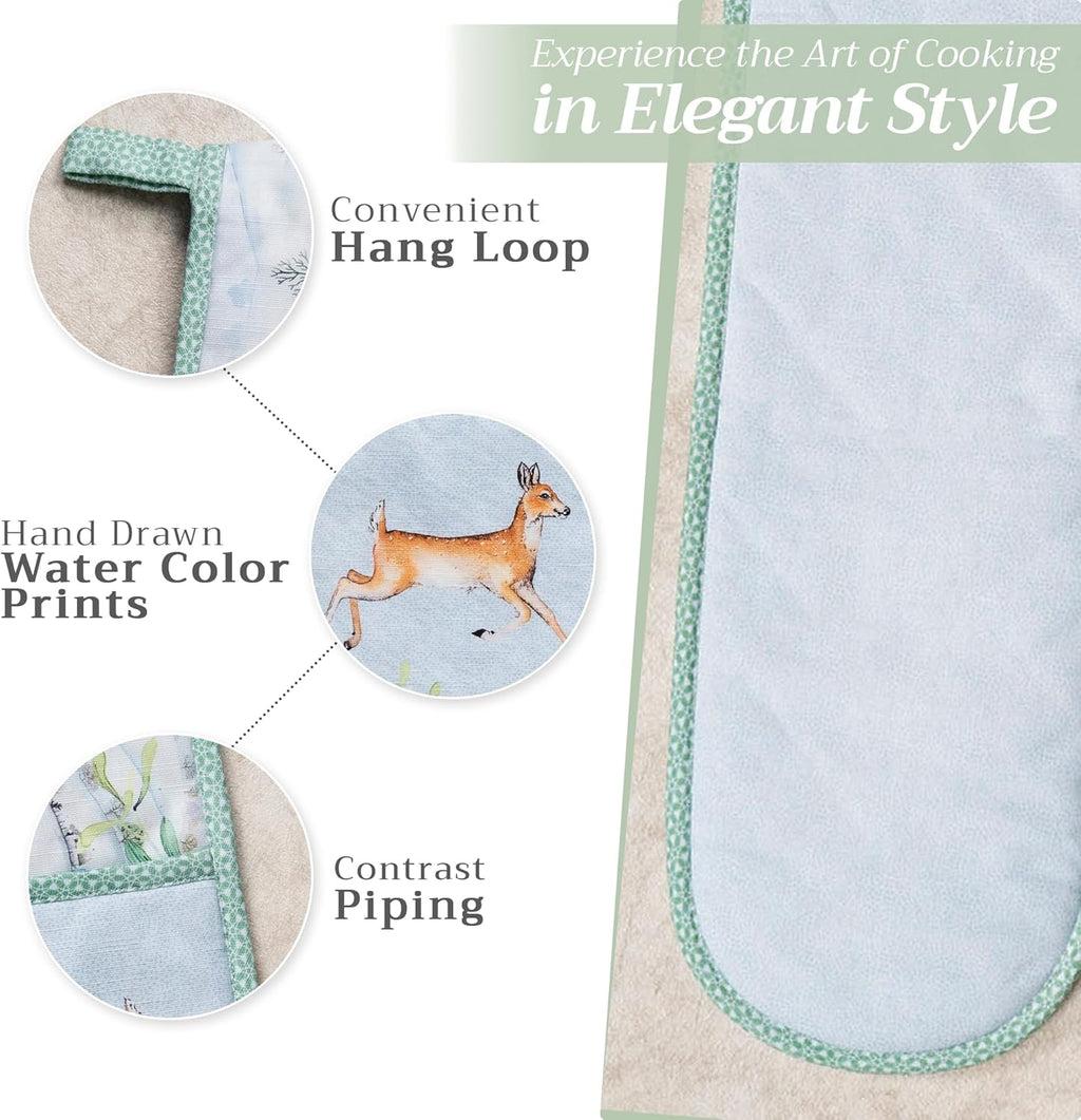 Maison d' Hermine Double Oven Mitts 100% Cotton 7"x35" Double Oven Mitt Heat Resistant BBQ Cooking Gloves with Loop, Baking, Grilling, Home, Kitchen, Handling Hot Pans (Snowy World)