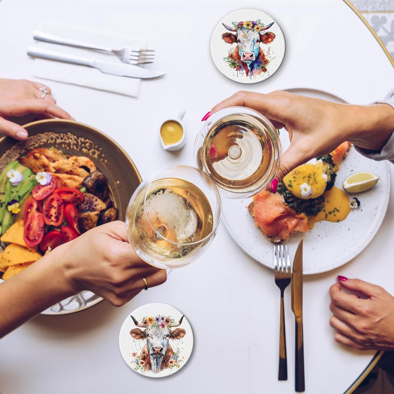 6 Pcs Coasters for Drinks with Holder, Highland Cows Flowers Absorbent Ceramic Coasters with Cork Base,Cute Funny Table Drinks Coasters Tabletop Protection Mat,Table Home Decor,4 Inches