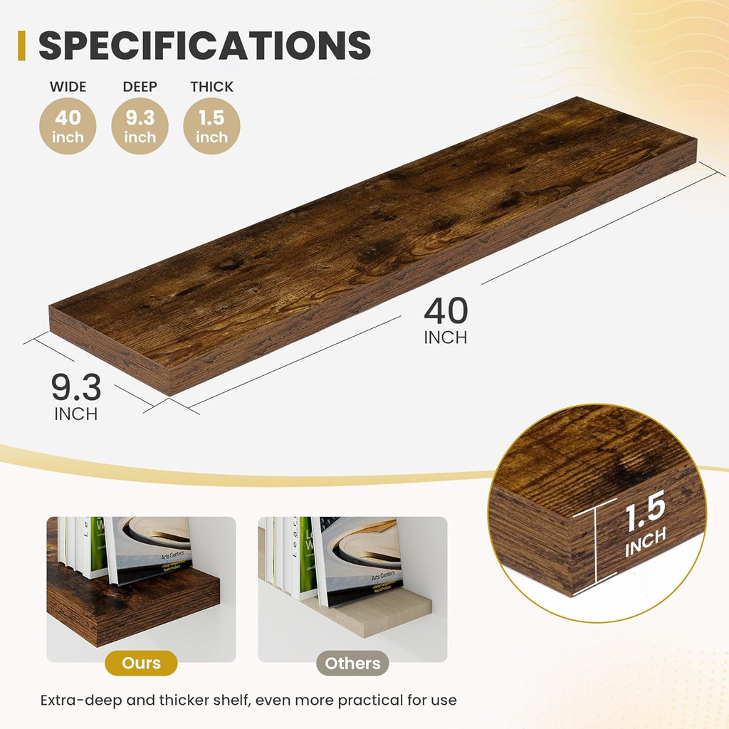 40 Inch Floating Shelves, 9.3" Deep Floating Shelf Wall Mounted, 40" Wall Shelves, Rustic Deep Bookshelf, Large Display Shelves & Storage Shelves for Bedroom, Living Room, Brown, Set of 2