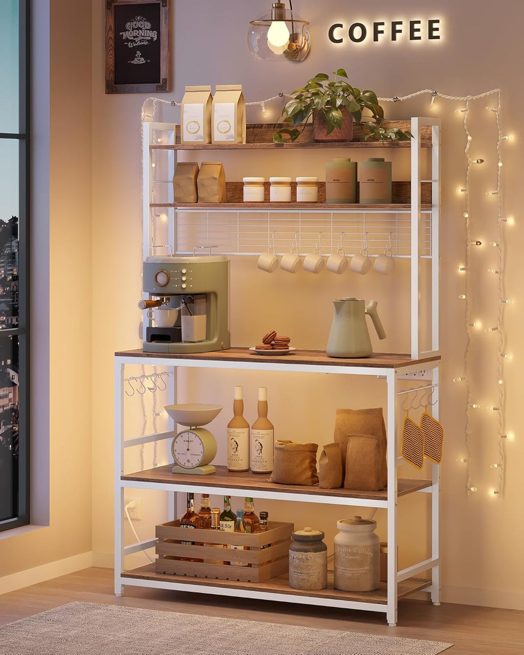 VASAGLE Hutch Bakers Rack with Power Outlet, 14 Hooks Microwave Stand, Adjustable Coffee Bar with Metal Wire Panel, Kitchen Storage Shelf, 15.7 x 39.4 x 66.9 Inches, Rustic Walnut and White UKKS038W41