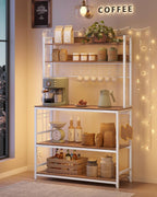 VASAGLE Hutch Bakers Rack with Power Outlet, 14 Hooks Microwave Stand, Adjustable Coffee Bar with Metal Wire Panel, Kitchen Storage Shelf, 15.7 x 39.4 x 66.9 Inches, Rustic Walnut and White UKKS038W41