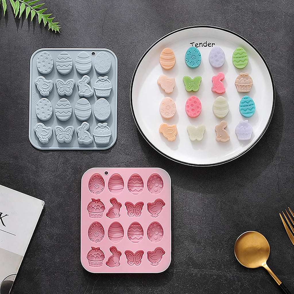 Easter Silicone Candy Molds, 16 Cavity Mini Bunny Egg Butterfly Chick Chocolate Molds Design, Baking Molds for Making Jellies, Soft Candy, Ice Cubes, Wax Melts, Soaps, Resin etc Cake Decor Set of 2