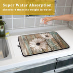 Rustic Daisy Board Dish Drying Mat for Kitchen Countertop 18x24 inch Fall Sunflower on Wooden Plank Dish Drainer Mats Fast Drying Country Shabby Chic Flower Dish Pad Vintage Kitchen Drying Decor Large