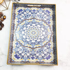 Boho Decorative Tray, Modern Blue Serving Tray with Handles, Ottoman Trays Set of 2, Plastic Coffee Table Tray for Living Room, Bathroom, Kitchen, Decor, Large 15.7”*11.8”, Small 13.7"*9.8"