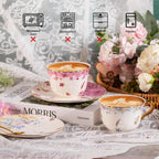 KAMMAK Tea Cups and Saucers Set of 2, Reinforced Porcelain Coffee Cups, 8.5-Ounce Stackable Espresso Mugs, Ceramic Demitasse for Coffee, Cappuccino, Latte, Americano, Tea, Colorful + Butterfly