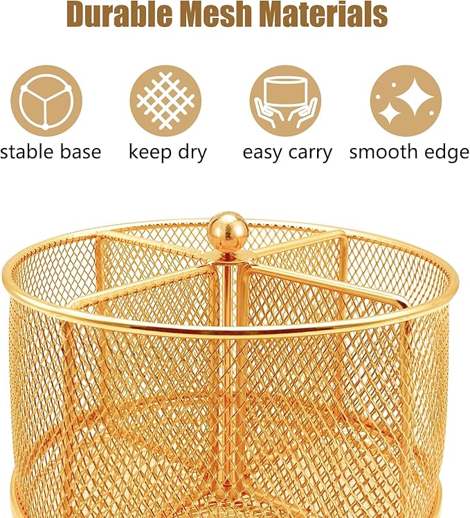 360° Rotating Metal Utensil Caddy - 4 Compartment Silverware Cutlery Holder Rotation Fork Spoon Napkin Organizer Flatware Storage Basket Party Countertop Buffet Picnic Camping Outdoor Gold