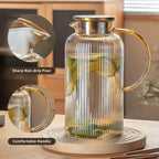 2 PACK Glass Pitcher with Lid, 68 oz/ 2 Liter Amber Classic Vertical Stripes Water Pitcher,Glass Water Carafe for Cold Brew, Coffee, Lemonade, Iced Tea,Beverage, Heat Resistant Water Glass Jug