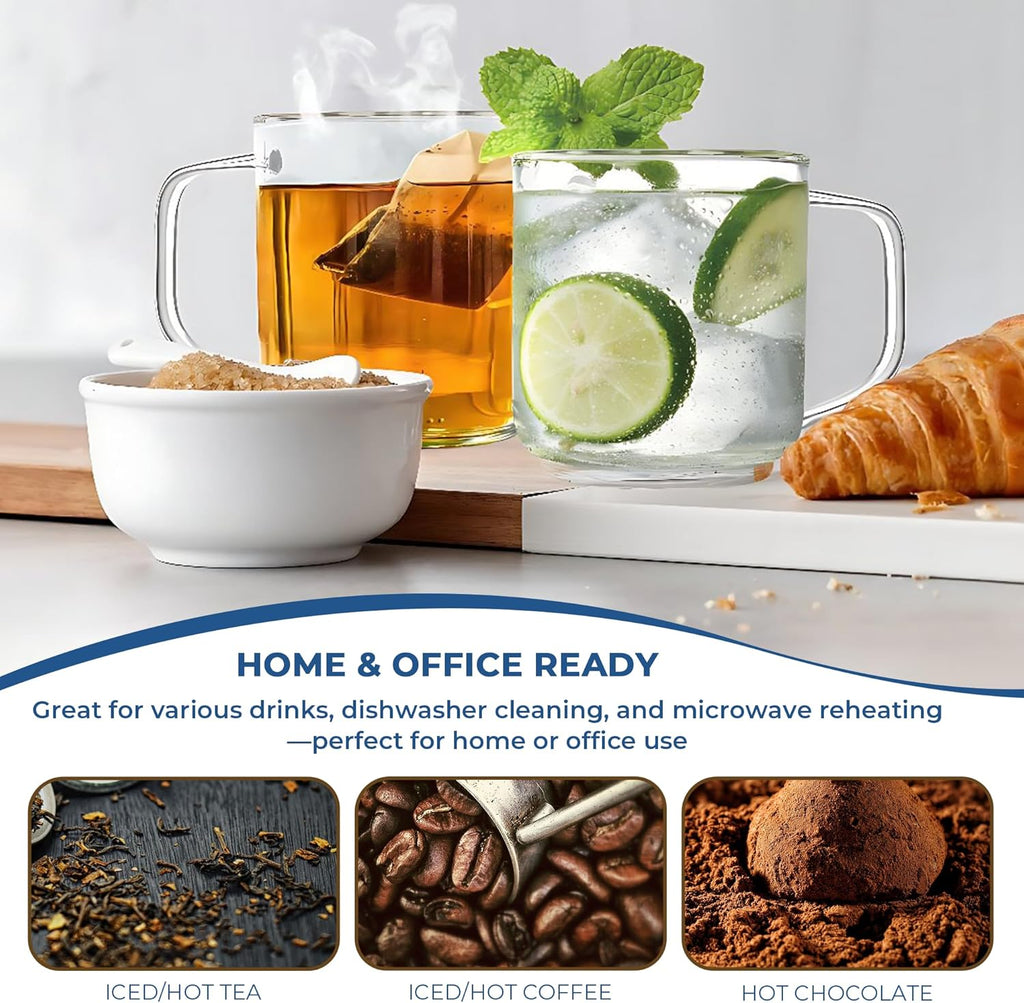 Aquach 22oz Large Clear Glass Coffee Mugs Set of 2 - Serve as General Drinking Glasses for Water, Coffee, Tea, and Juice